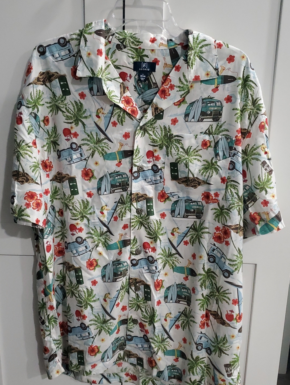 George White Tropical Camp Shirt with Teal, Green and Red Print